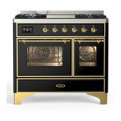 ILVE Majestic III 40" Glossy Black Dual Fuel Range with 6 Burners and Griddle Triple Glass Door Liquid Propane