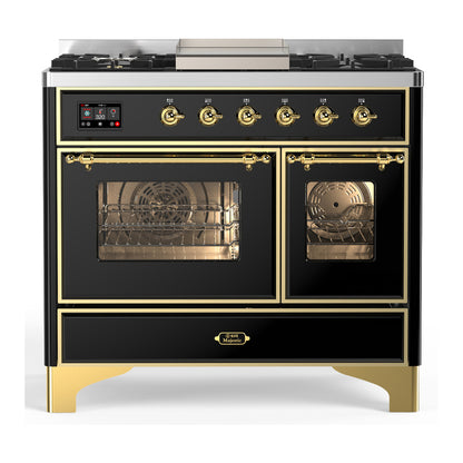 ILVE Majestic III 40" Glossy Black Dual Fuel Range with 6 Burners and Griddle Triple Glass Door Natural Gas