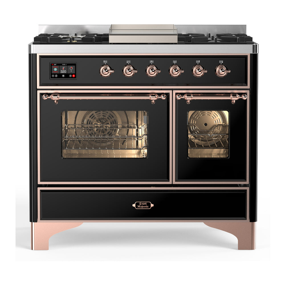 ILVE Majestic III 40" Glossy Black Dual Fuel Range with 6 Burners and Griddle Triple Glass Door Natural Gas