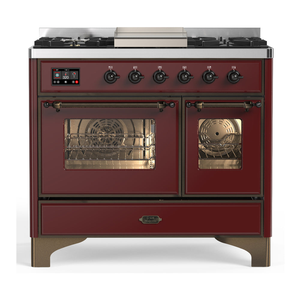 ILVE Majestic III 40" Burgundy Dual Fuel Range with 6 Burners and Griddle Triple Glass Door Natural Gas