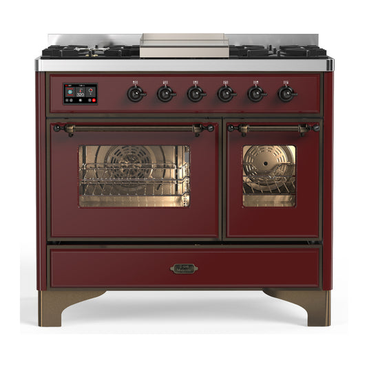 ILVE Majestic III 40" Burgundy Dual Fuel Range with 6 Burners and Griddle Triple Glass Door Natural Gas