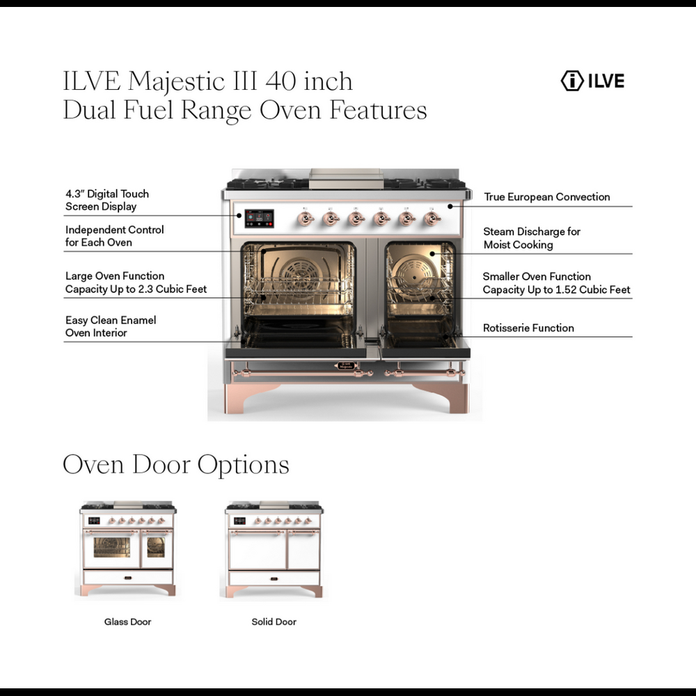 ILVE Majestic III 40" Burgundy Dual Fuel Range with 6 Burners and Griddle Triple Glass Door Natural Gas