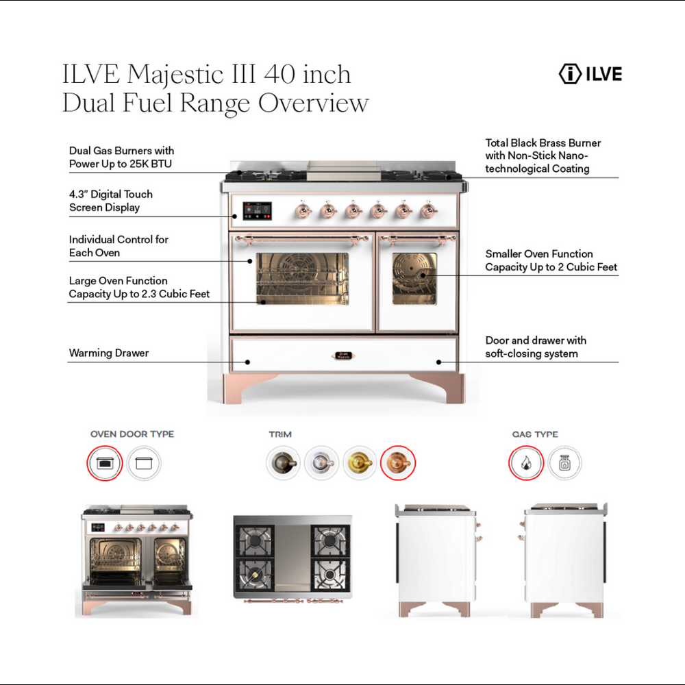 ILVE Majestic III 40" Burgundy Dual Fuel Range with 6 Burners and Griddle Triple Glass Door Natural Gas