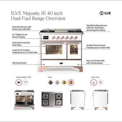 ILVE Majestic III 40" Burgundy Dual Fuel Range with 6 Burners and Griddle Triple Glass Door Natural Gas