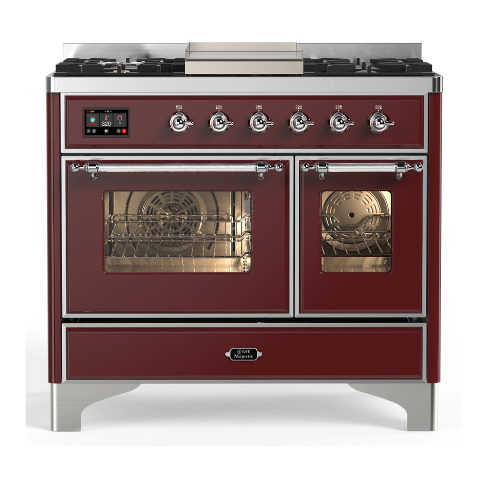 ILVE Majestic III 40" Burgundy Dual Fuel Range with 6 Burners and Griddle Triple Glass Door Natural Gas