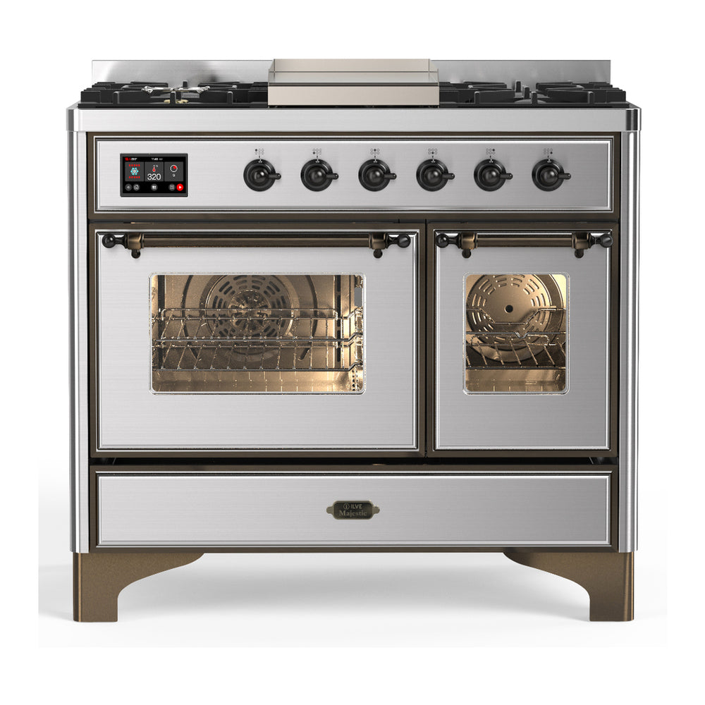 ILVE Majestic III 40" Stainless Steel Dual Fuel Range with 6 Burners and Griddle Triple Glass Door Liquid Propane