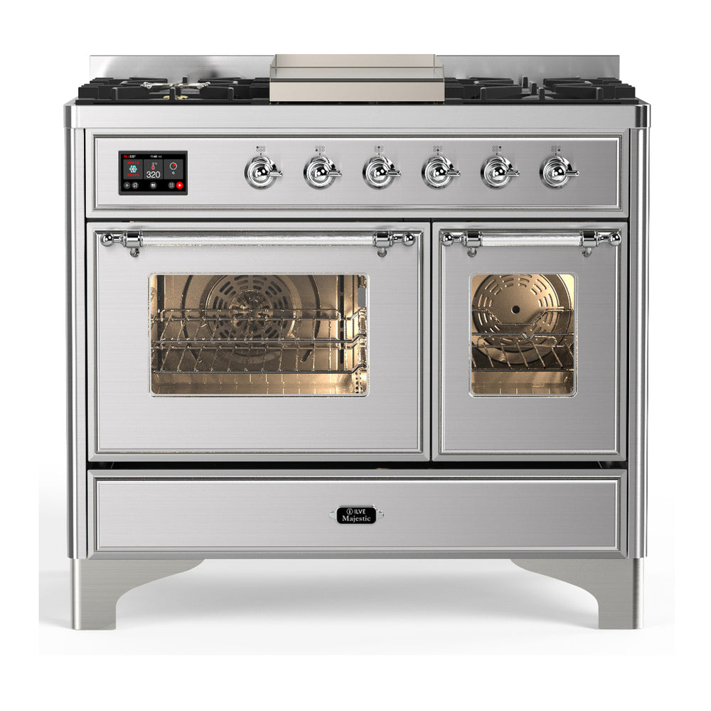 ILVE Majestic III 40" Stainless Steel Dual Fuel Range with 6 Burners and Griddle Triple Glass Door Natural Gas