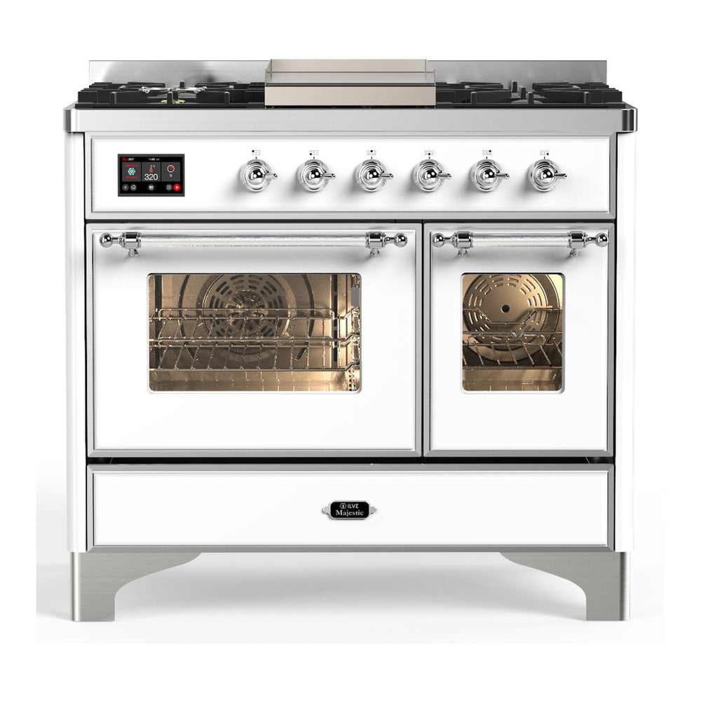 ILVE Majestic III 40" White Dual Fuel Range with 6 Burners and Griddle Triple Glass Door Liquid Propane