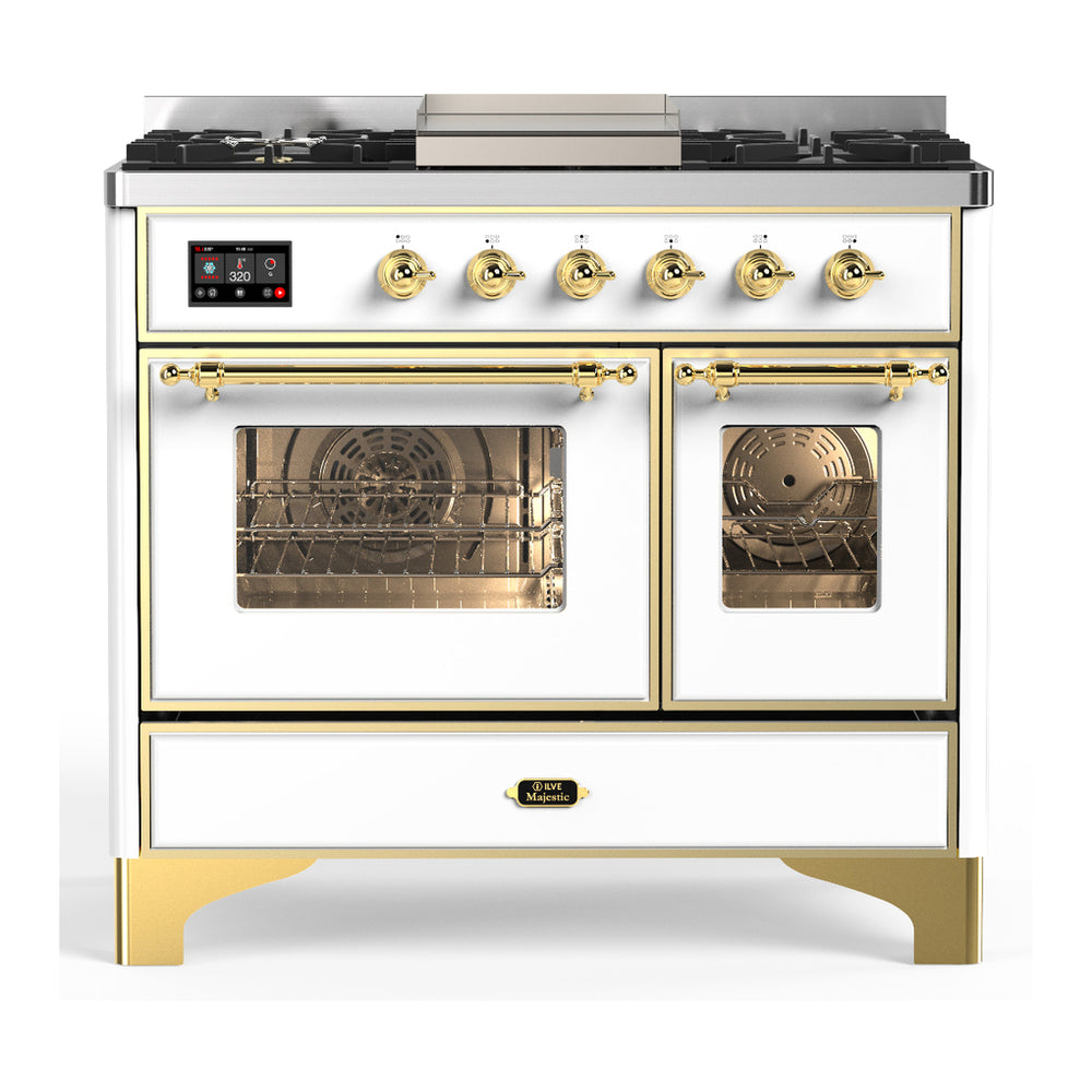 ILVE Majestic III 40" White Dual Fuel Range with 6 Burners and Griddle Triple Glass Door Natural Gas