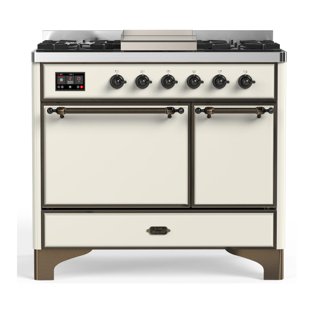 ILVE Majestic III 40" Antique White Dual Fuel Range with 6 Burners and Griddle Solid Door Liquid Propane