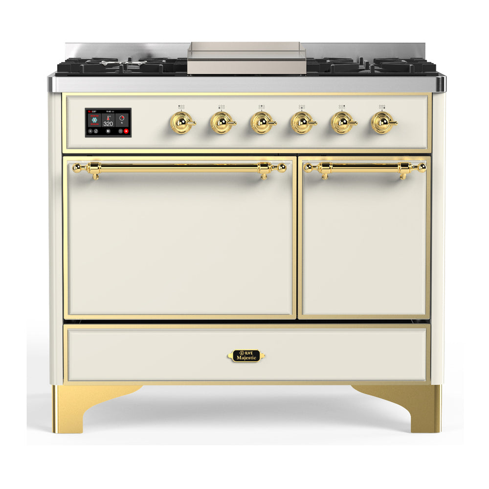 ILVE Majestic III 40" Antique White Dual Fuel Range with 6 Burners and Griddle Solid Door Natural Gas