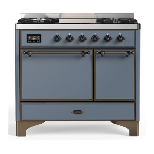 ILVE Majestic III 40" Blue Grey Dual Fuel Range with 6 Burners and Griddle Solid Door Natural Gas