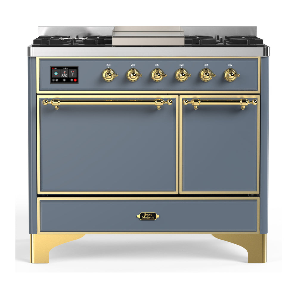 ILVE Majestic III 40" Blue Grey Dual Fuel Range with 6 Burners and Griddle Solid Door Natural Gas