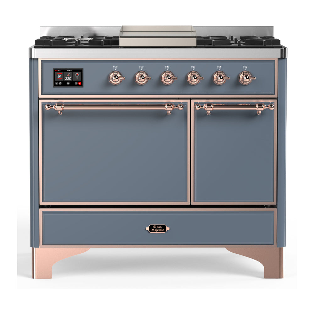 ILVE Majestic III 40" Blue Grey Dual Fuel Range with 6 Burners and Griddle Solid Door Liquid Propane