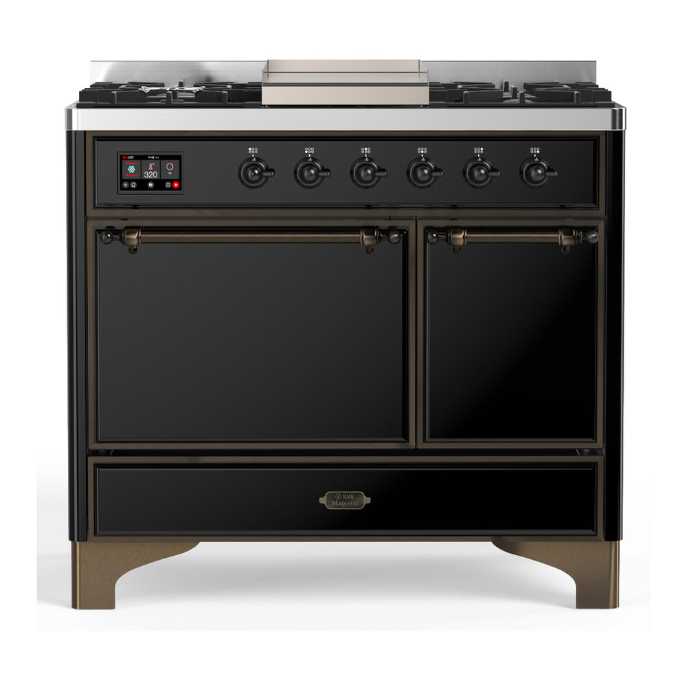 ILVE Majestic III 40" Glossy Black Dual Fuel Range with 6 Burners and Griddle Solid Door Liquid Propane