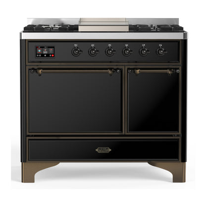 ILVE Majestic III 40" Glossy Black Dual Fuel Range with 6 Burners and Griddle Solid Door Liquid Propane