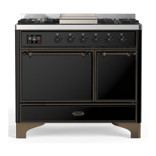 ILVE Majestic III 40" Glossy Black Dual Fuel Range with 6 Burners and Griddle Solid Door Liquid Propane
