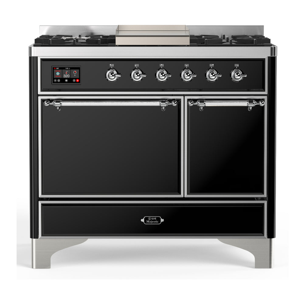 ILVE Majestic III 40" Glossy Black Dual Fuel Range with 6 Burners and Griddle Solid Door Liquid Propane