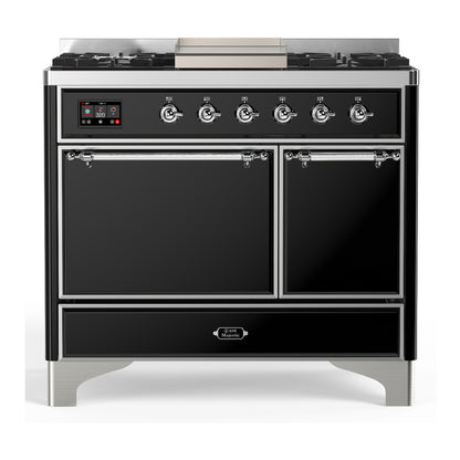ILVE Majestic III 40" Glossy Black Dual Fuel Range with 6 Burners and Griddle Solid Door Liquid Propane
