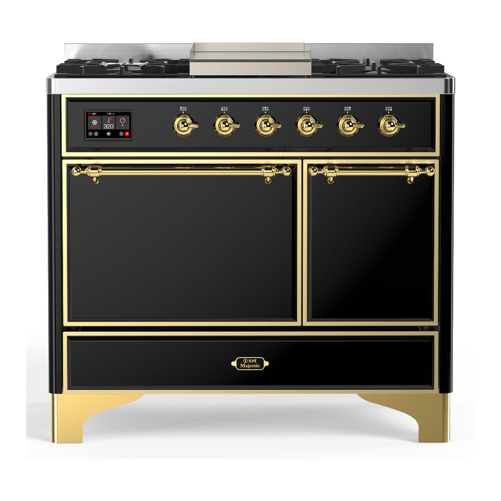 ILVE Majestic III 40" Glossy Black Dual Fuel Range with 6 Burners and Griddle Solid Door Liquid Propane