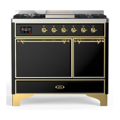 ILVE Majestic III 40" Glossy Black Dual Fuel Range with 6 Burners and Griddle Solid Door Liquid Propane