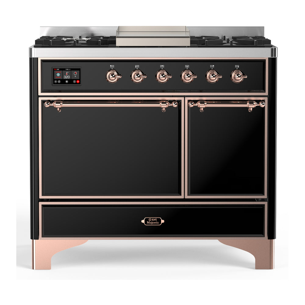 ILVE Majestic III 40" Glossy Black Dual Fuel Range with 6 Burners and Griddle Solid Door Natural Gas