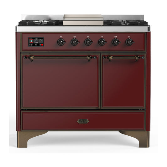 ILVE Majestic III 40" Burgundy Dual Fuel Range with 6 Burners and Griddle Solid Door Liquid Propane