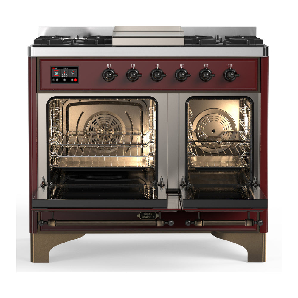 ILVE Majestic III 40" Burgundy Dual Fuel Range with 6 Burners and Griddle Solid Door Liquid Propane