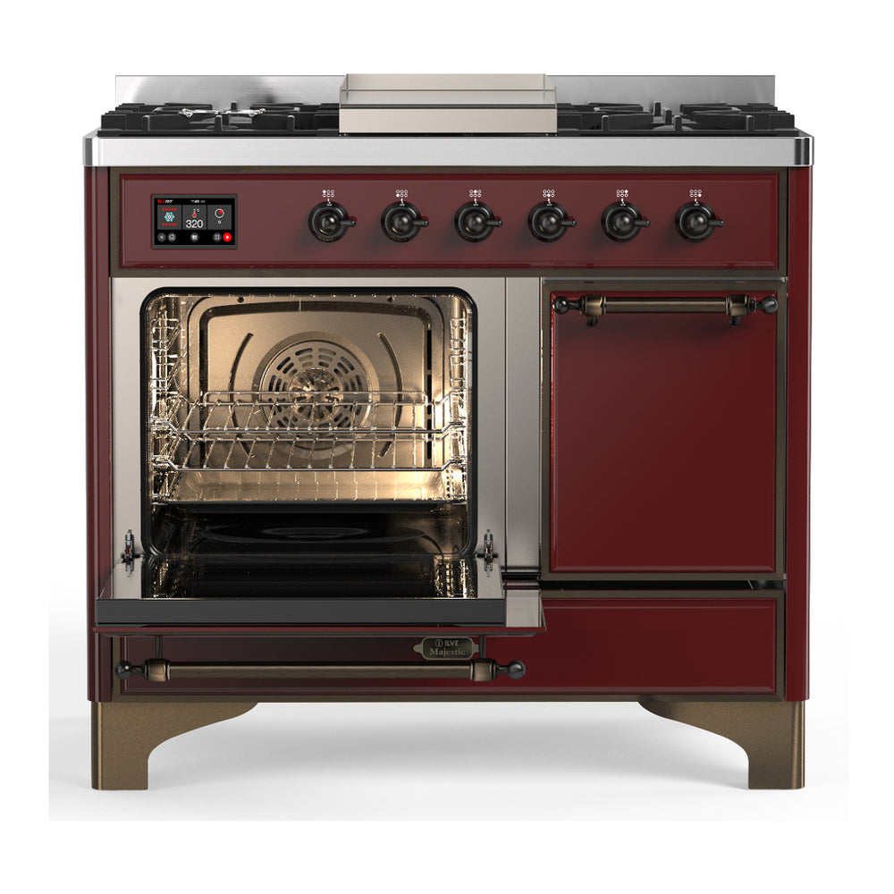ILVE Majestic III 40" Burgundy Dual Fuel Range with 6 Burners and Griddle Solid Door Liquid Propane