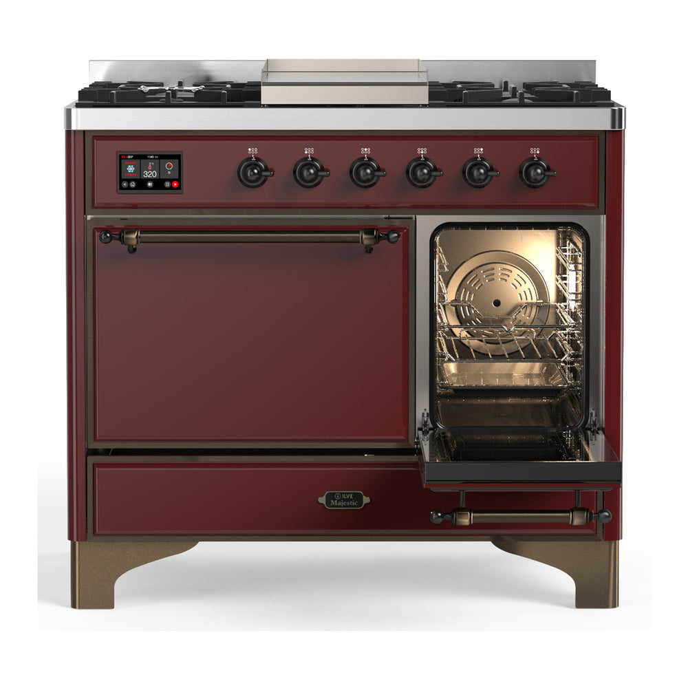 ILVE Majestic III 40" Burgundy Dual Fuel Range with 6 Burners and Griddle Solid Door Liquid Propane