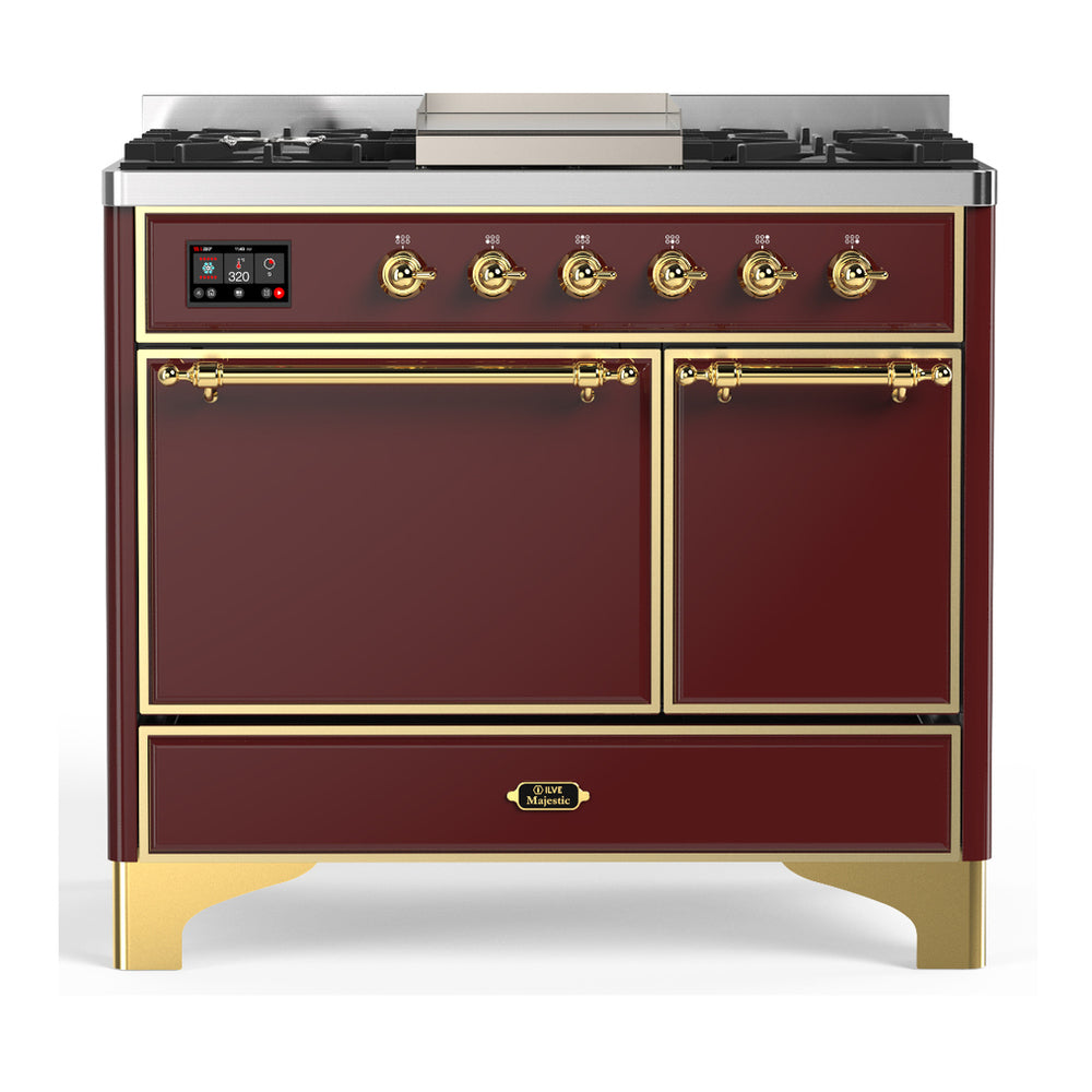 ILVE Majestic III 40" Burgundy Dual Fuel Range with 6 Burners and Griddle Solid Door Natural Gas