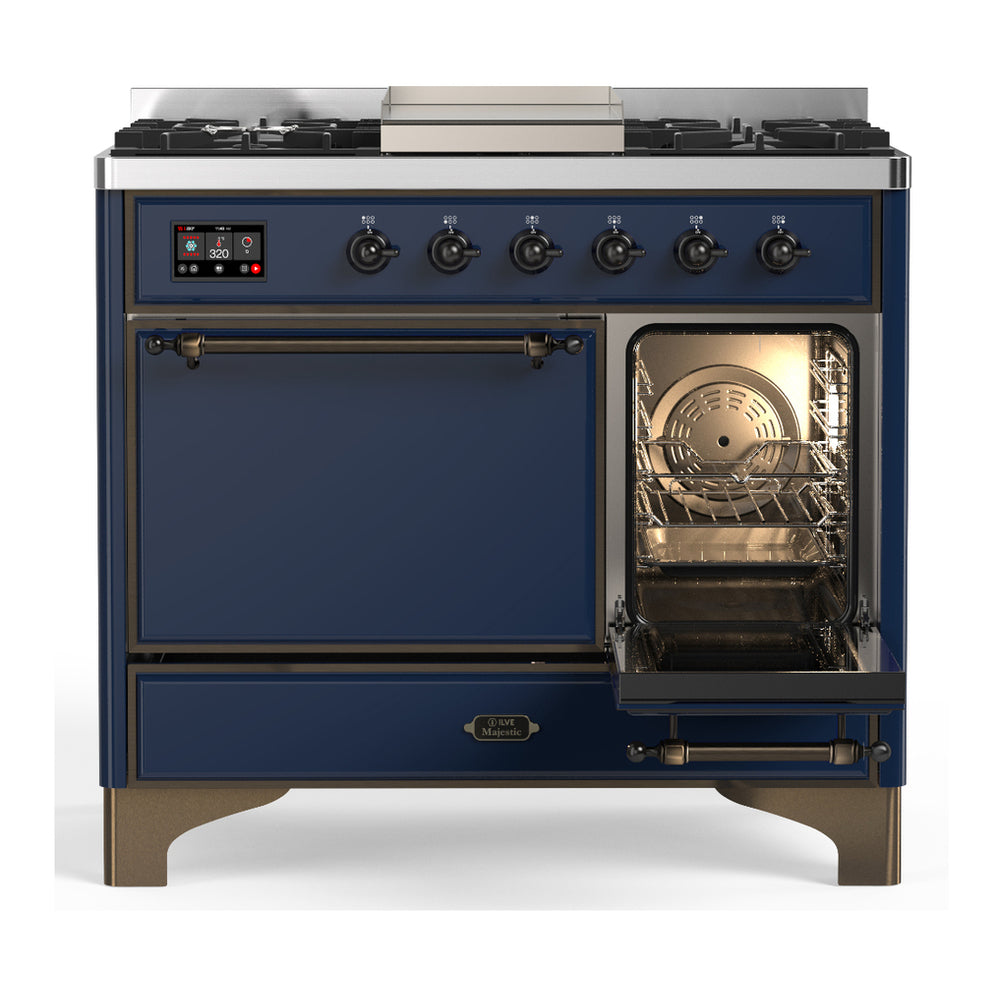 ILVE Majestic III 40" Midnight Blue Dual Fuel Range with 6 Burners and Griddle Solid Door Liquid Propane