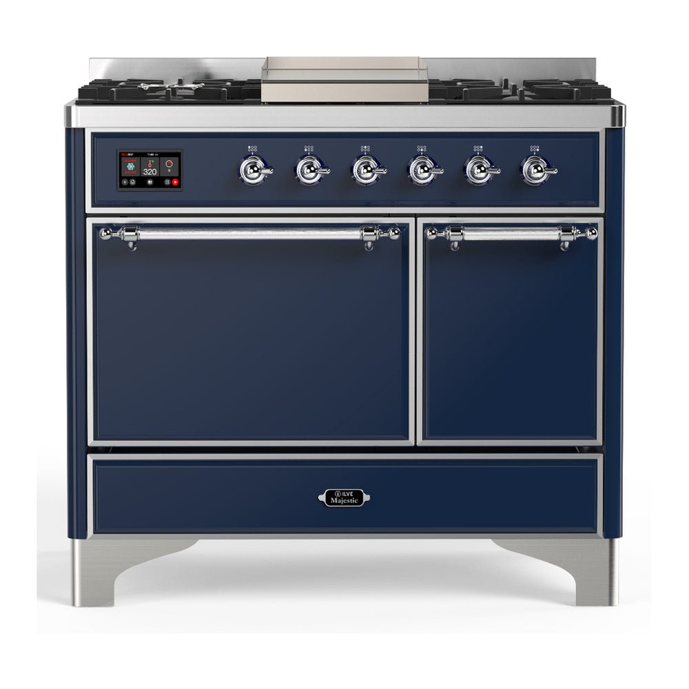 ILVE Majestic III 40" Midnight Blue Dual Fuel Range with 6 Burners and Griddle Solid Door Natural Gas