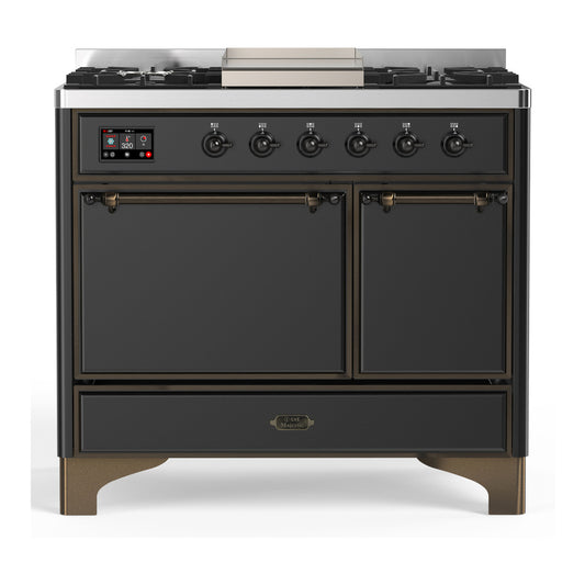 ILVE Majestic III 40" Graphite Matte Dual Fuel Range with 6 Burners and Griddle Solid Door Natural Gas
