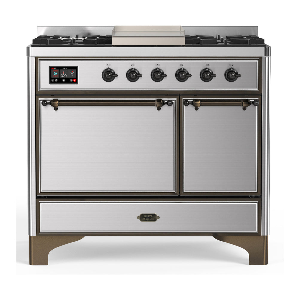 ILVE Majestic III 40" Stainless Steel Dual Fuel Range with 6 Burners and Griddle Solid Door Liquid Propane