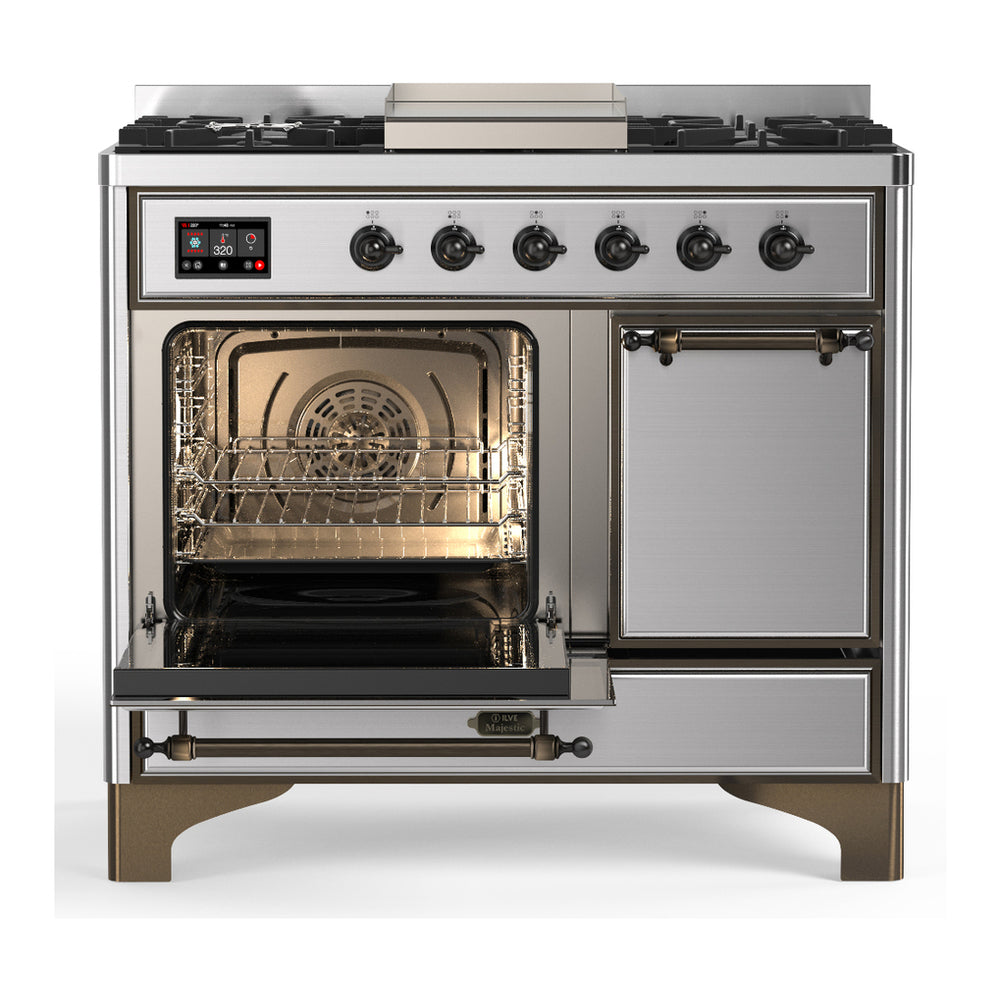 ILVE Majestic III 40" Stainless Steel Dual Fuel Range with 6 Burners and Griddle Solid Door Natural Gas