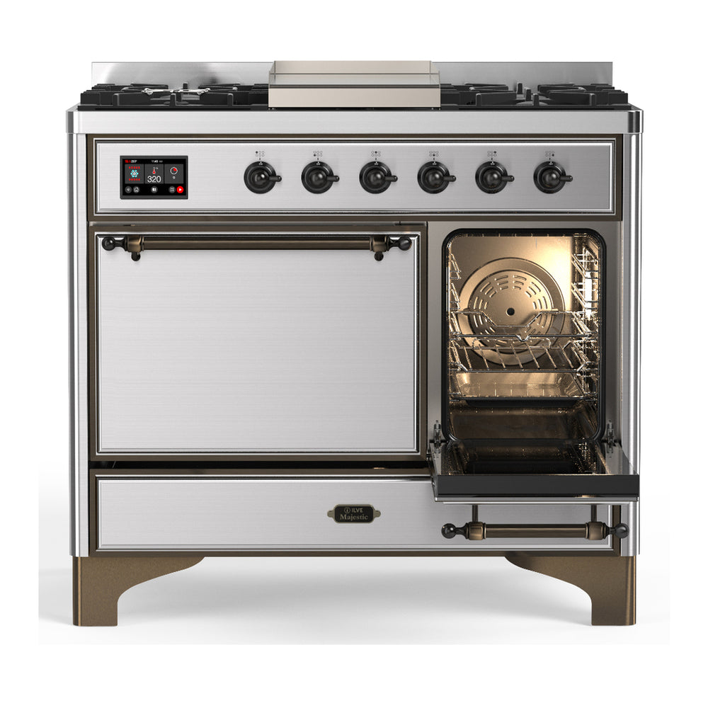 ILVE Majestic III 40" Stainless Steel Dual Fuel Range with 6 Burners and Griddle Solid Door Natural Gas