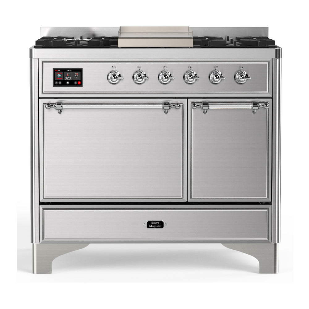 ILVE Majestic III 40" Stainless Steel Dual Fuel Range with 6 Burners and Griddle Solid Door Natural Gas