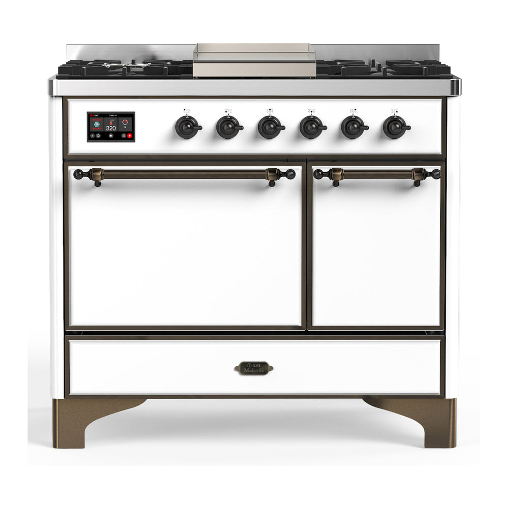 ILVE Majestic III 40" White Dual Fuel Range with 6 Burners and Griddle Solid Door Liquid Propane