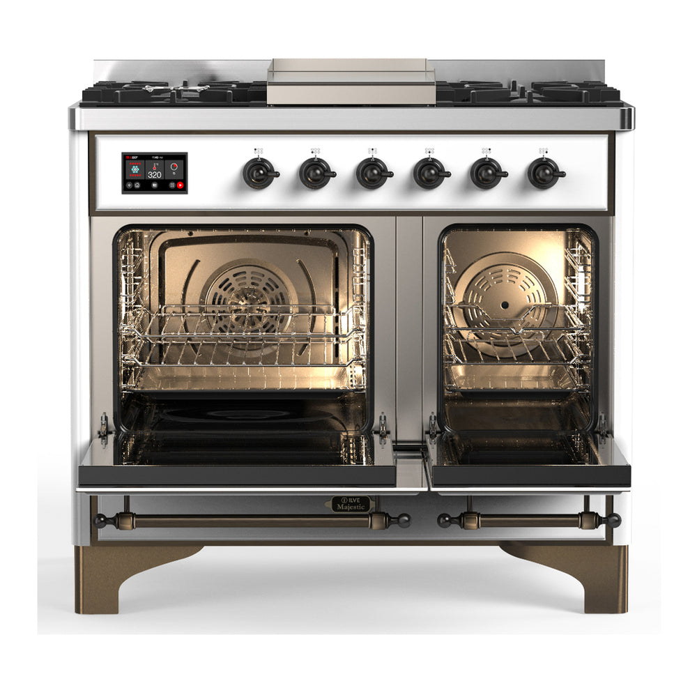 ILVE Majestic III 40" White Dual Fuel Range with 6 Burners and Griddle Solid Door Liquid Propane