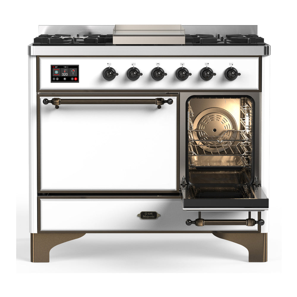 ILVE Majestic III 40" White Dual Fuel Range with 6 Burners and Griddle Solid Door Liquid Propane