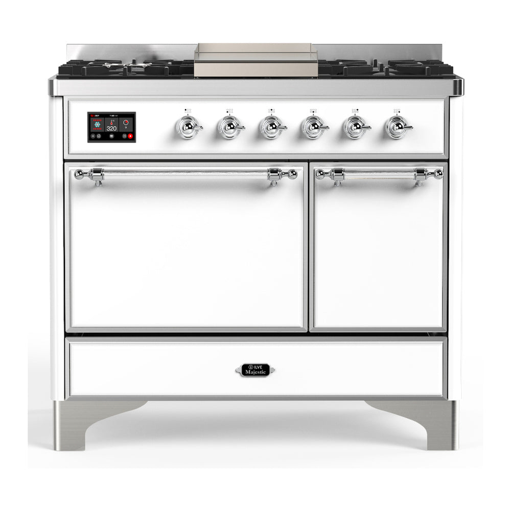 ILVE Majestic III 40" White Dual Fuel Range with 6 Burners and Griddle Solid Door Natural Gas