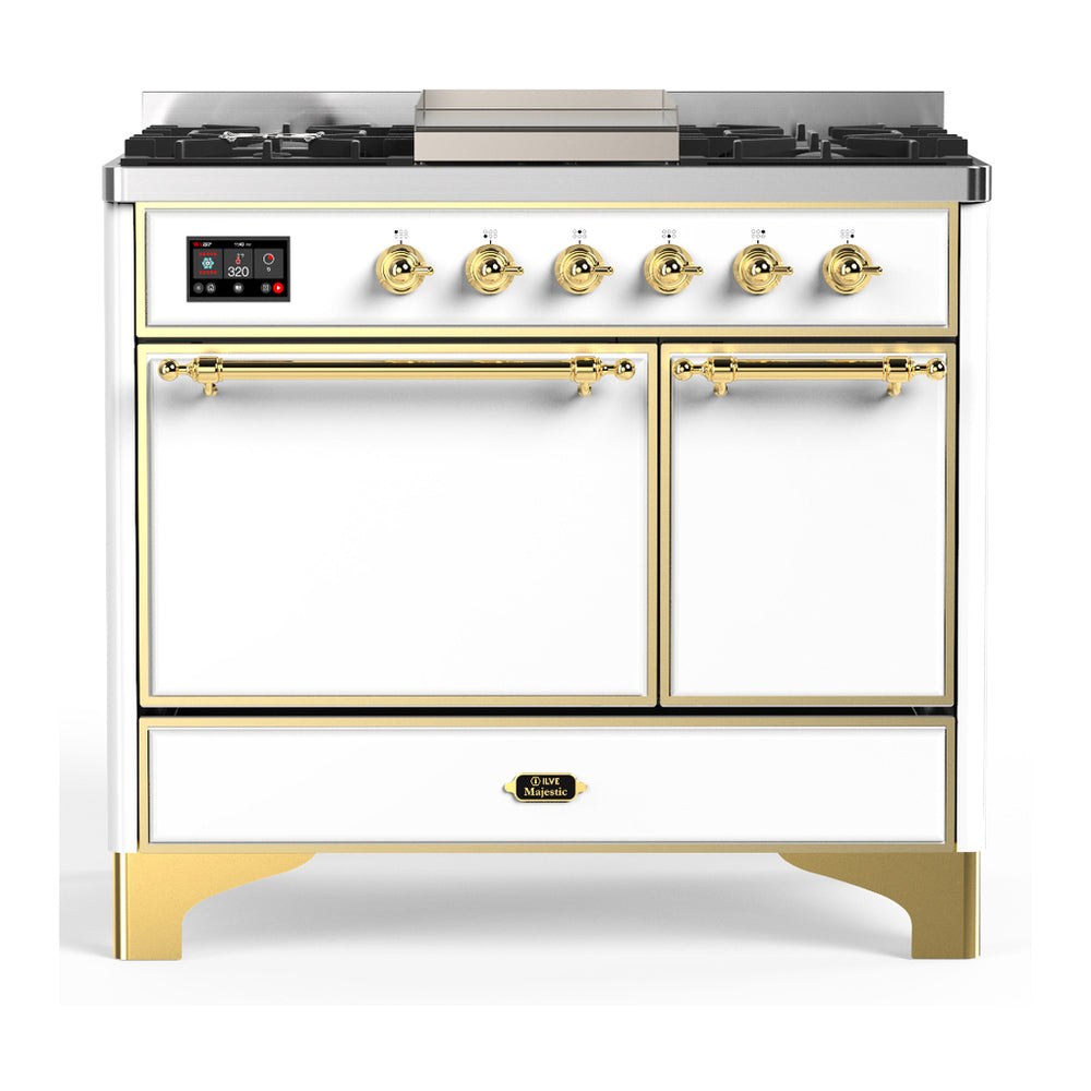 ILVE Majestic III 40" White Dual Fuel Range with 6 Burners and Griddle Solid Door Liquid Propane