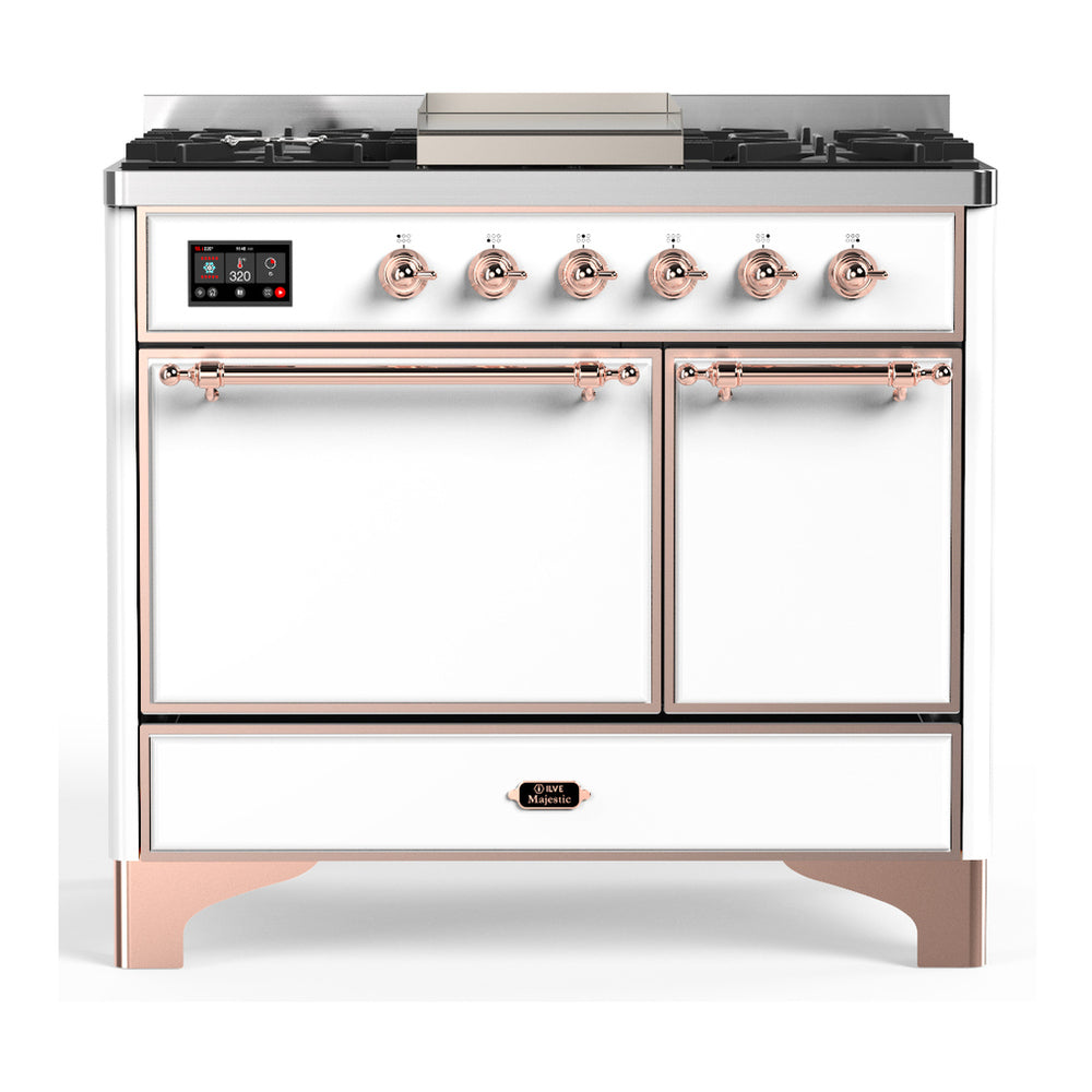 ILVE Majestic III 40" White Dual Fuel Range with 6 Burners and Griddle Solid Door Liquid Propane
