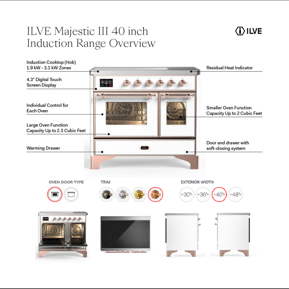 ILVE Majestic III 40" Glossy Black Induction Range with 6 Elements Triple Glass Door