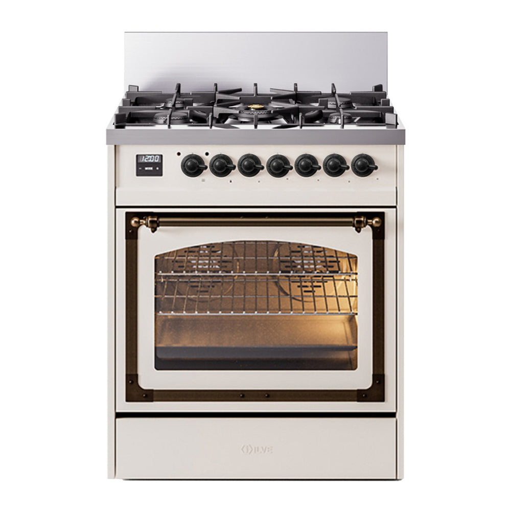 ILVE Nostalgie II Noblesse 30" Antique White Dual Fuel Range with 5 Burners Triple Glass Door Natural Gas
