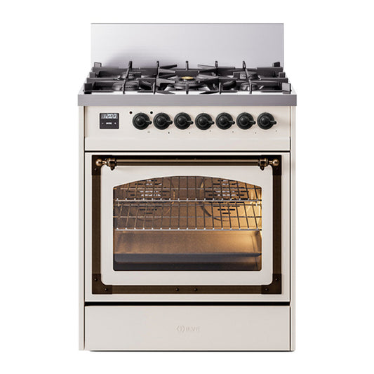 ILVE Nostalgie II Noblesse 30" Antique White Dual Fuel Range with 5 Burners Triple Glass Door Natural Gas