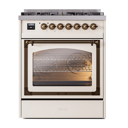 ILVE Nostalgie II Noblesse 30" Antique White Dual Fuel Range with 5 Burners Solid Door Natural Gas