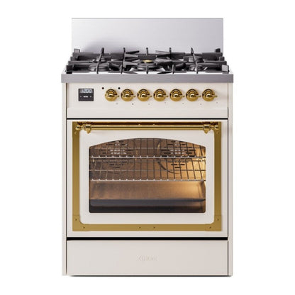 ILVE Nostalgie II Noblesse 30" Antique White Dual Fuel Range with 5 Burners Triple Glass Door Natural Gas