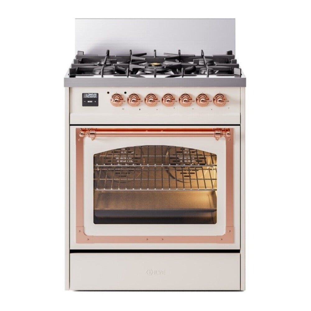 ILVE Nostalgie II Noblesse 30" Antique White Dual Fuel Range with 5 Burners Triple Glass Door Natural Gas